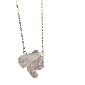 Gold Necklace with Raw Pink Rose Quartz and Clear Crystal Pendant